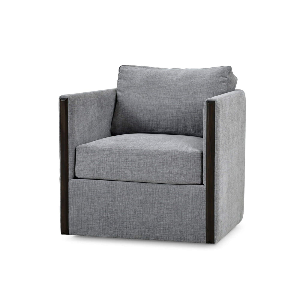 Gray swivel chair with cushions, side angle view.