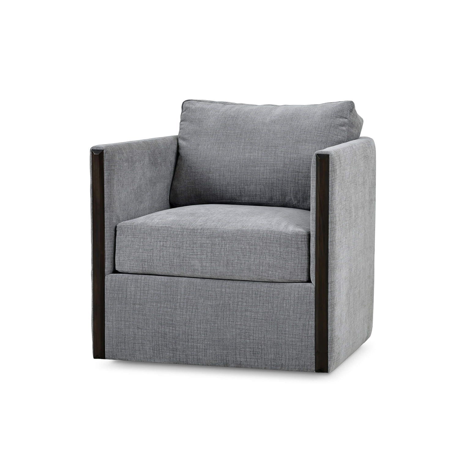 Gray swivel chair with cushions, side angle view.