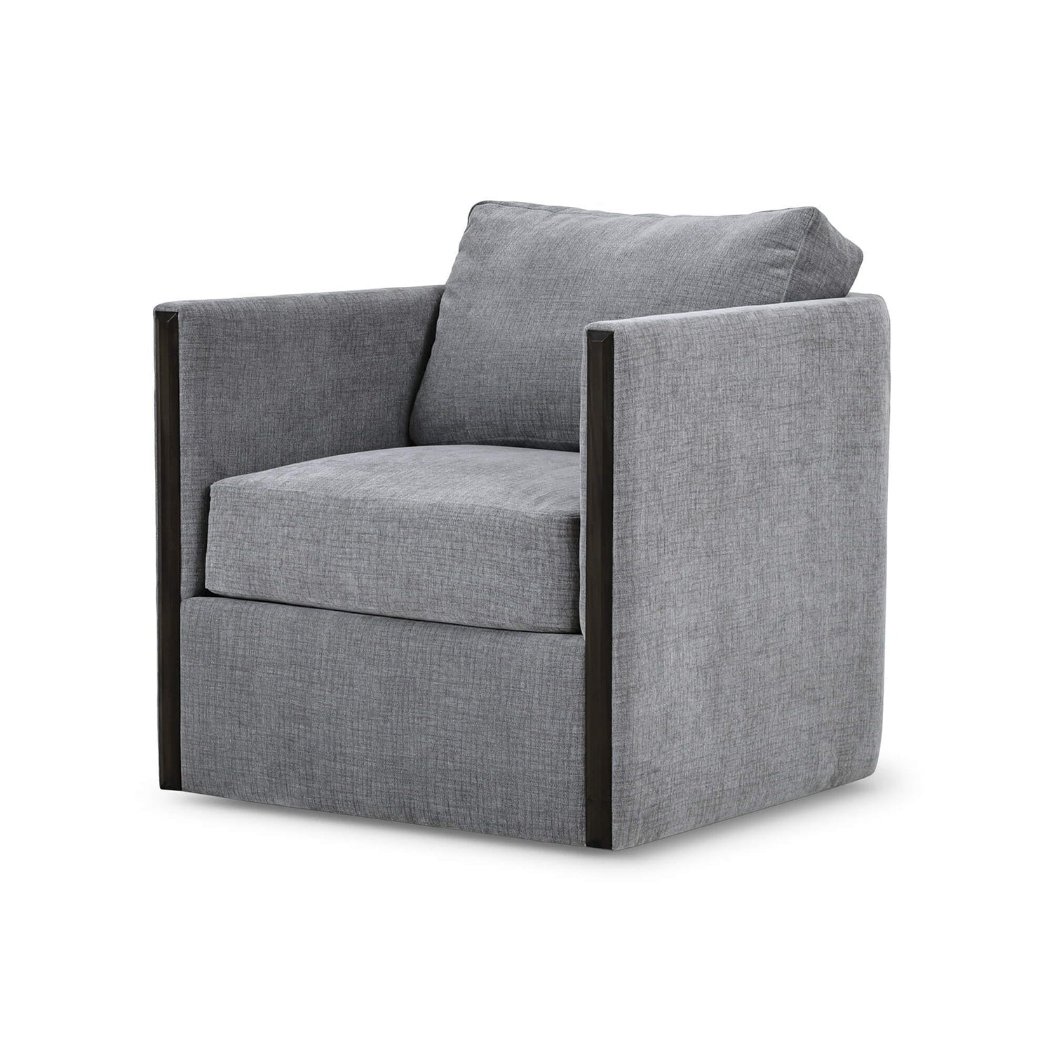 Gray accent chair with cushions, three-quarter view.