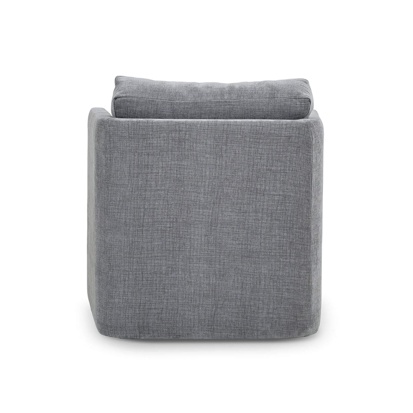 Rear view of gray upholstered accent chair.