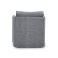 Rear view of gray upholstered accent chair.