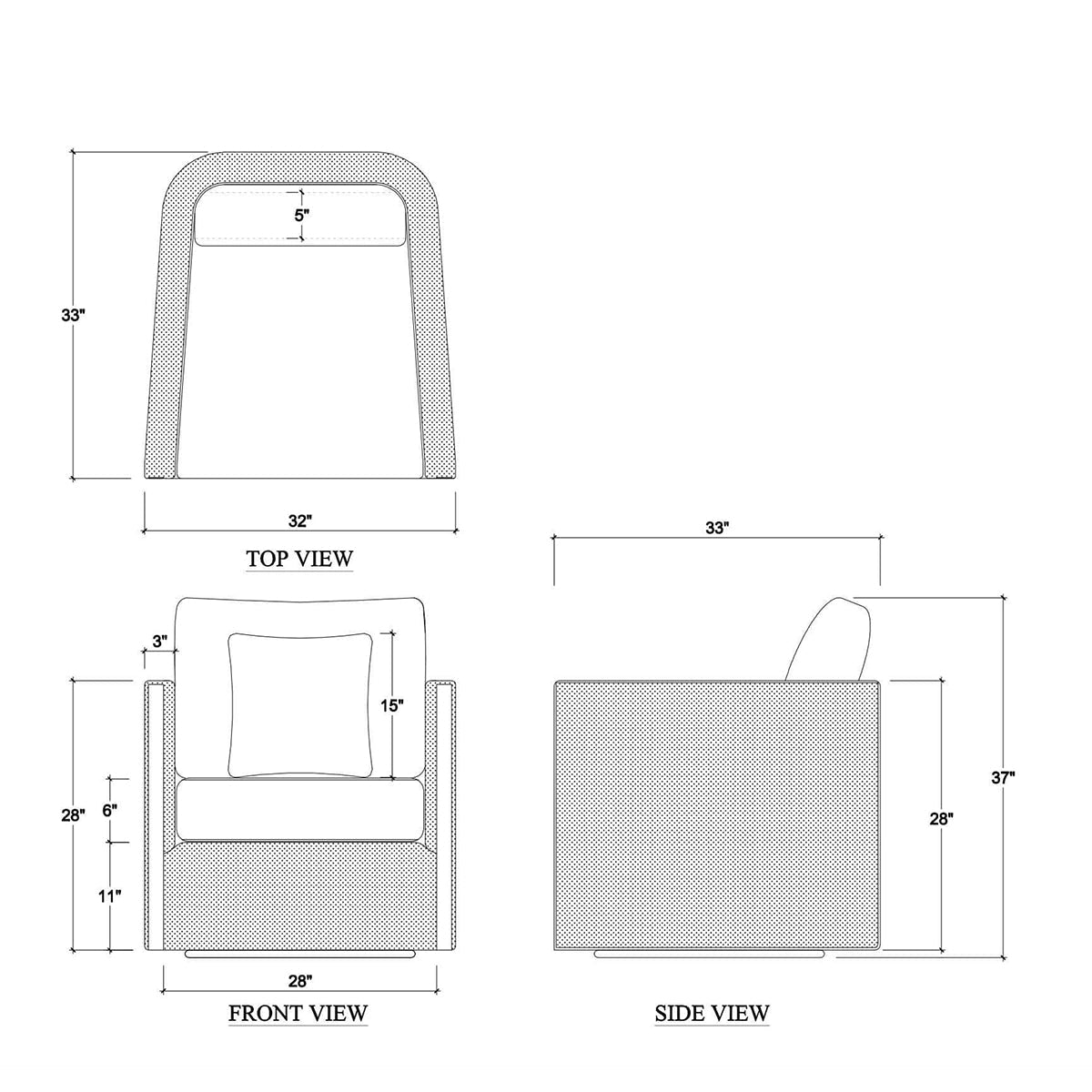 Dimension diagram of gray swivel chair, top and side views.
