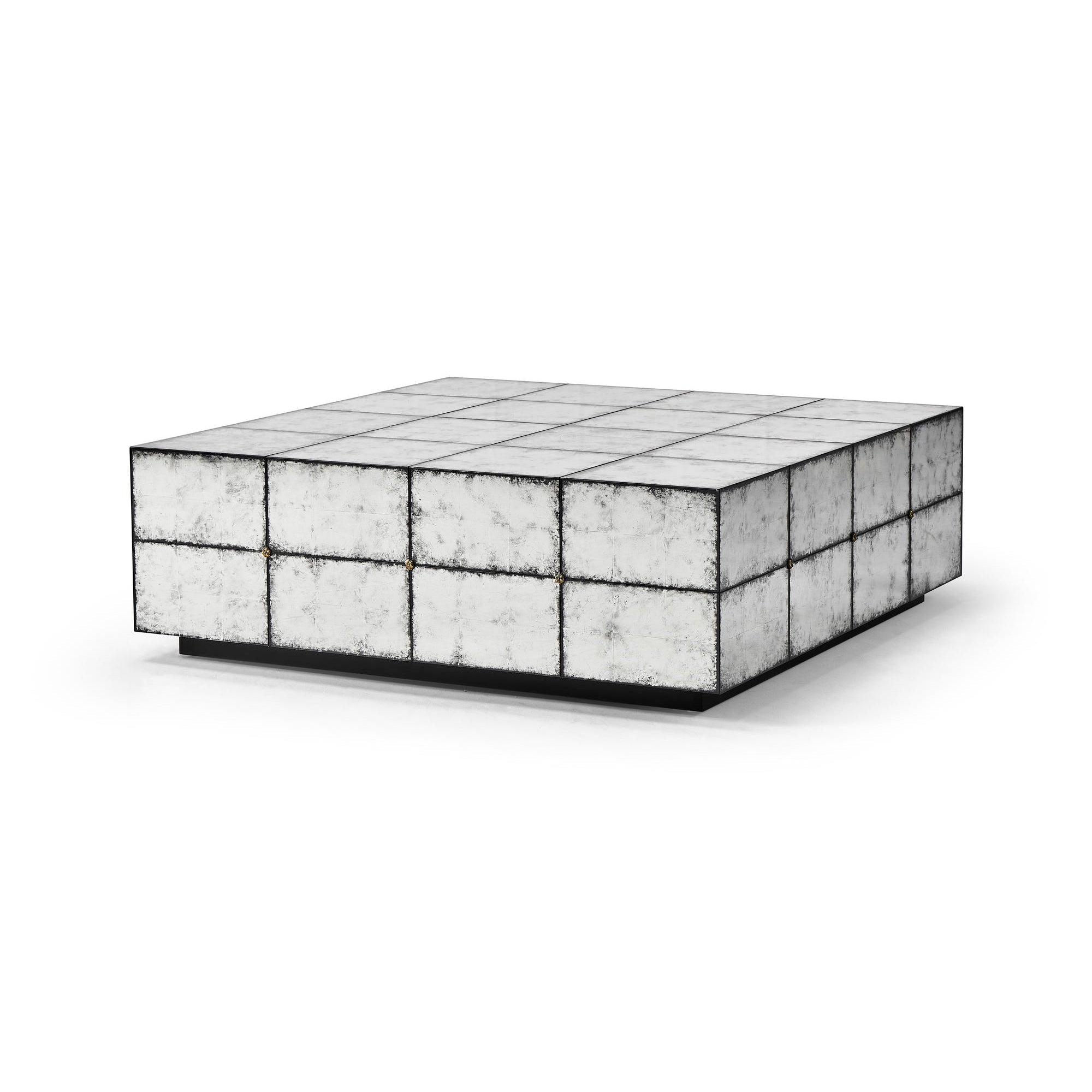 Square mirrored cocktail table, angled top view.