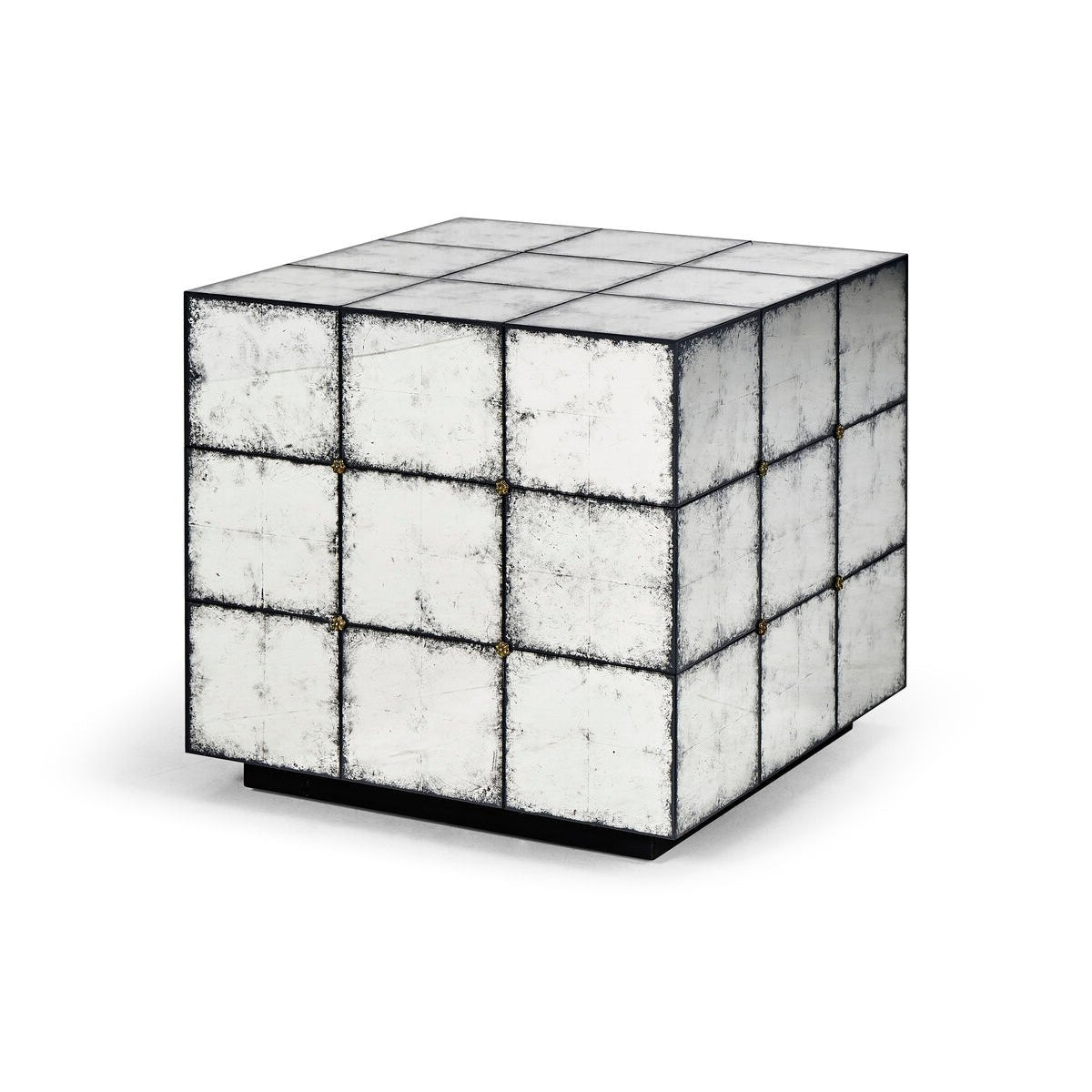 Cube-shaped mirrored end table angled view.