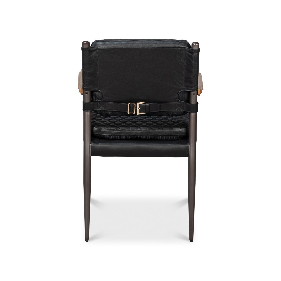 Back view of black leather armchair with strap.