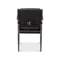 Back view of black leather armchair with strap.