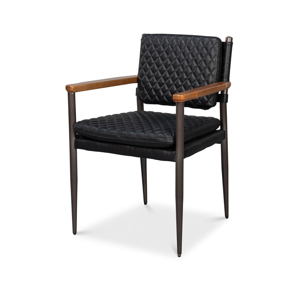 Mid-century black leather armchair front angle view.