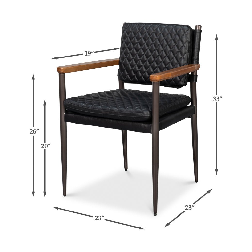 Dimensions illustration of mid-century black leather armchair.