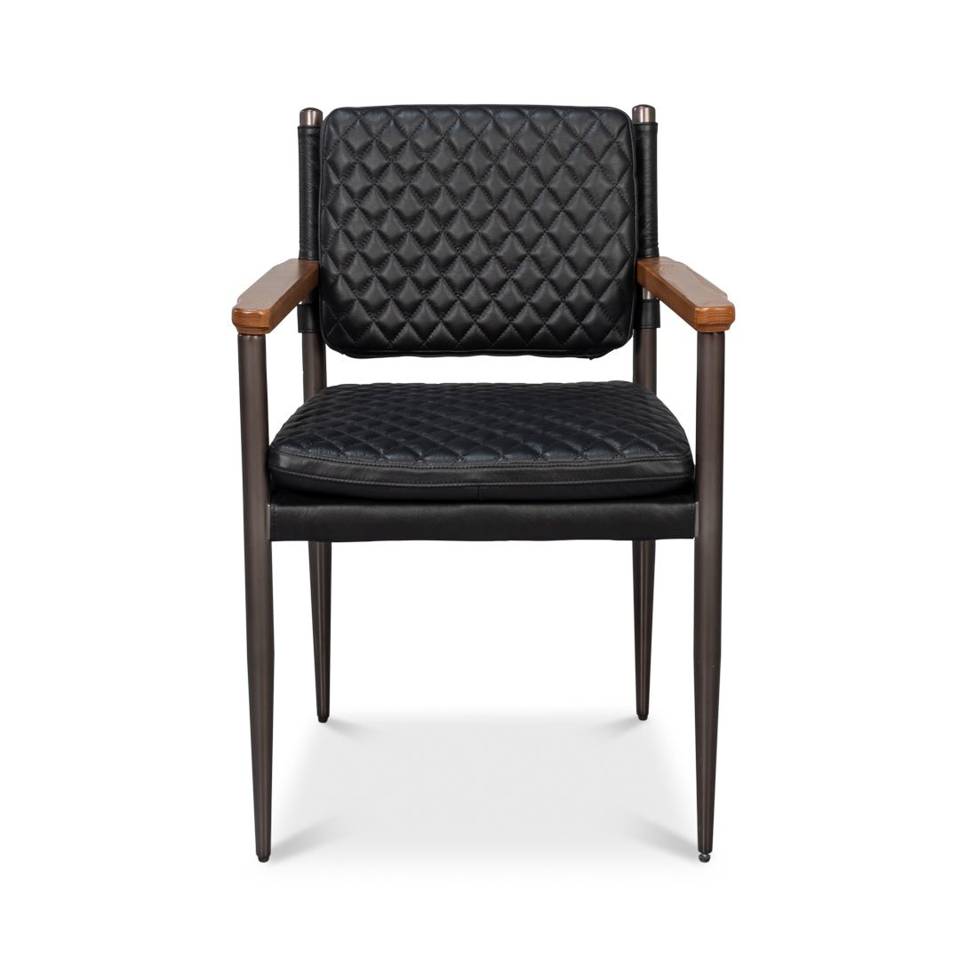 Straight front view of black leather armchair.