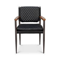 Straight front view of black leather armchair.