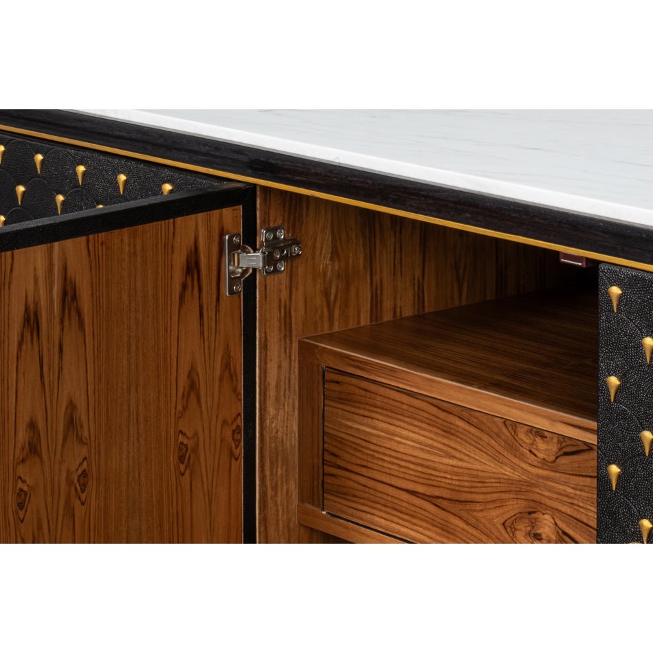 Interior wood finish and hardware of sideboard.