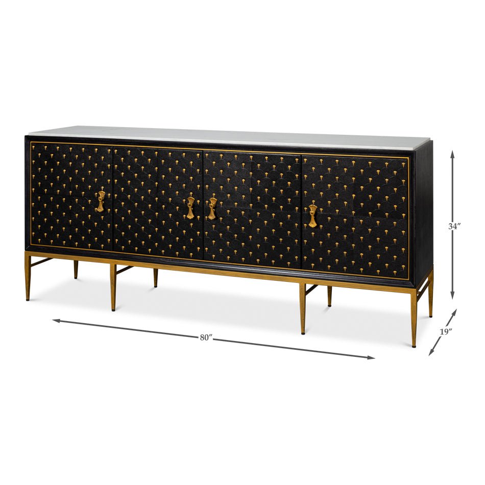 Dimensions of black sideboard with gold accents.