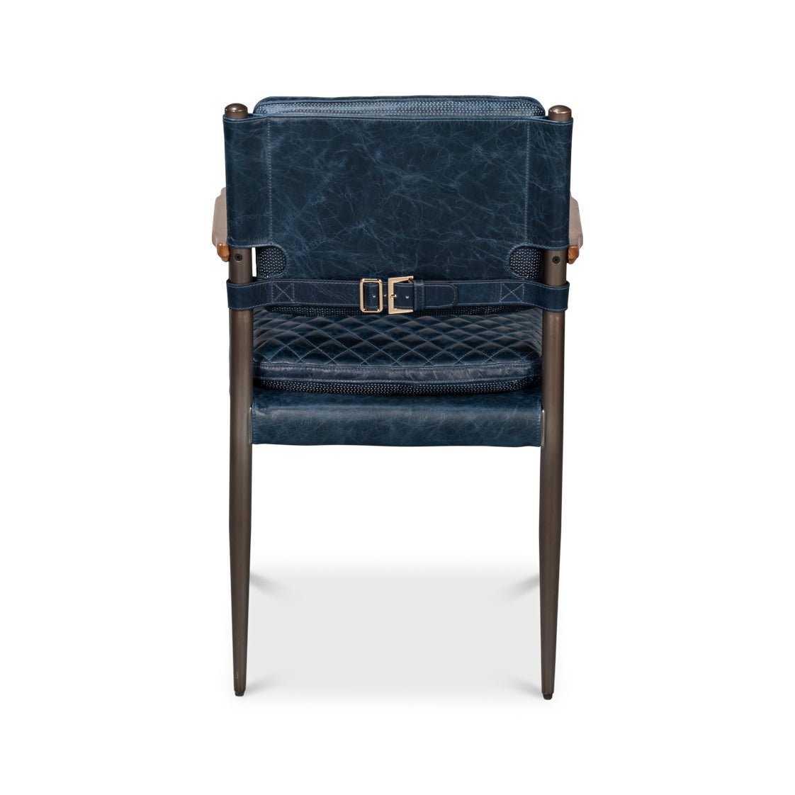 Back of blue leather armchair, buckle detail visible.