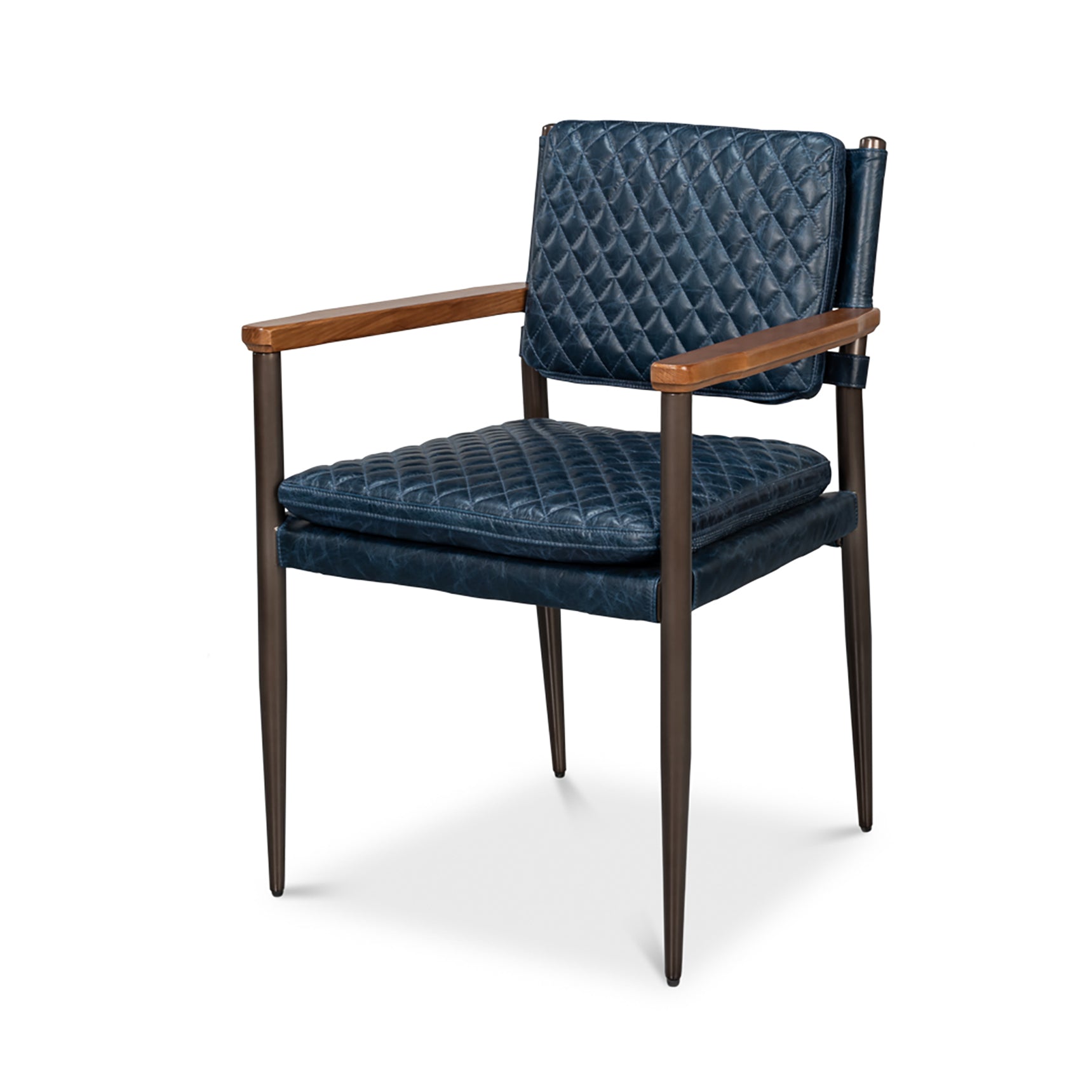Blue leather armchair, angled view, wooden armrests.