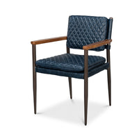 Blue leather armchair, angled view, wooden armrests.