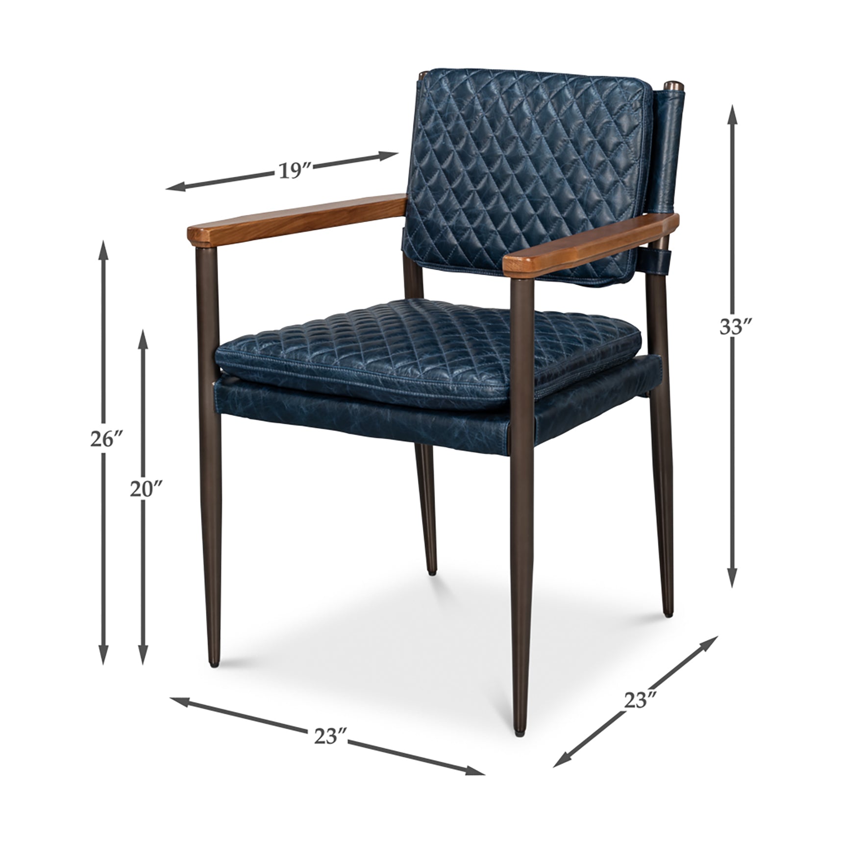 Dimensions and proportions of blue leather armchair, measured view.