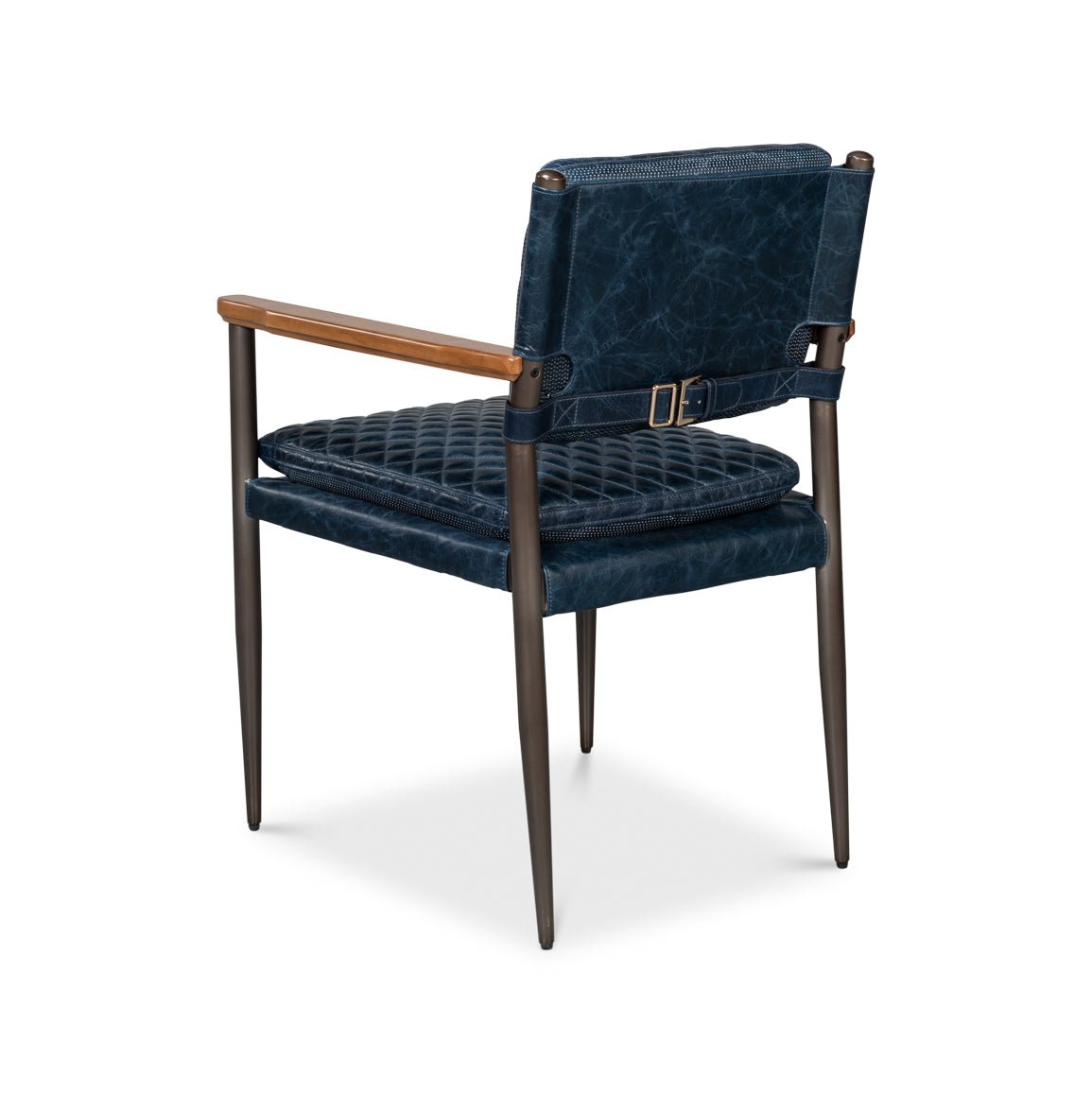 Blue leather armchair, rear angle, wooden armrest.