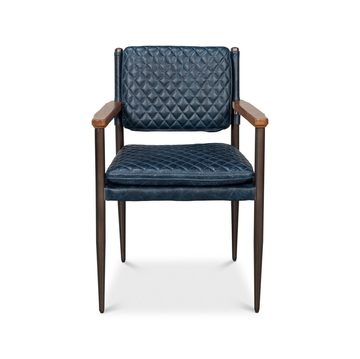 Blue leather armchair, front view, quilted cushion detail.