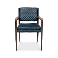 Blue leather armchair, front view, quilted cushion detail.