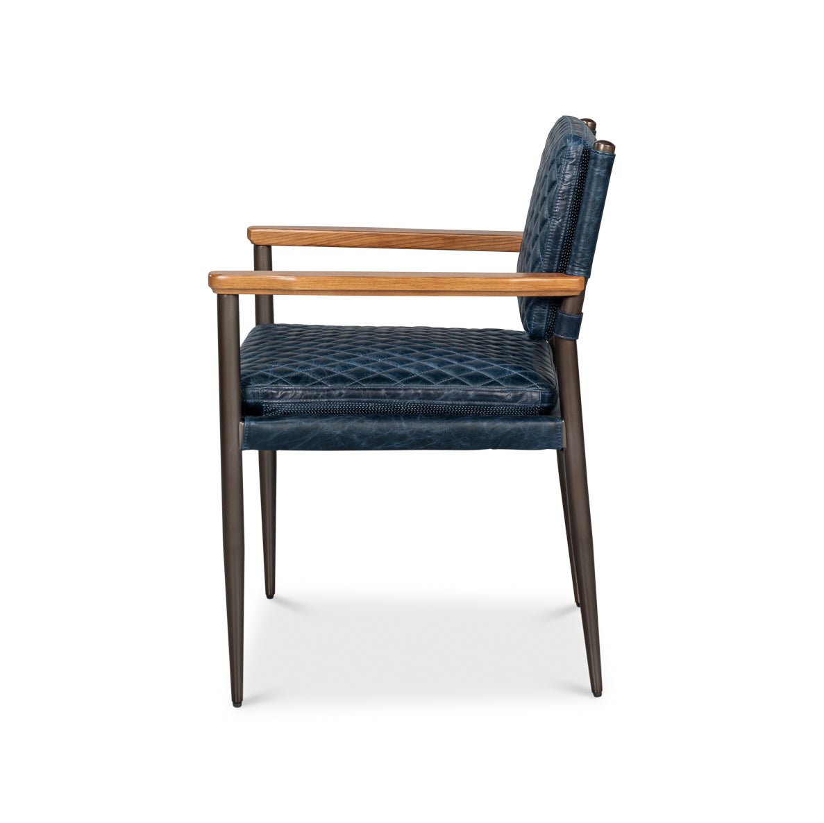 Blue leather armchair, side profile, armrest focus.