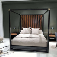 Front shot, mid-century canopy bed, beige bedding.
