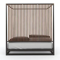Back view, wooden slats on mid-century canopy bed.