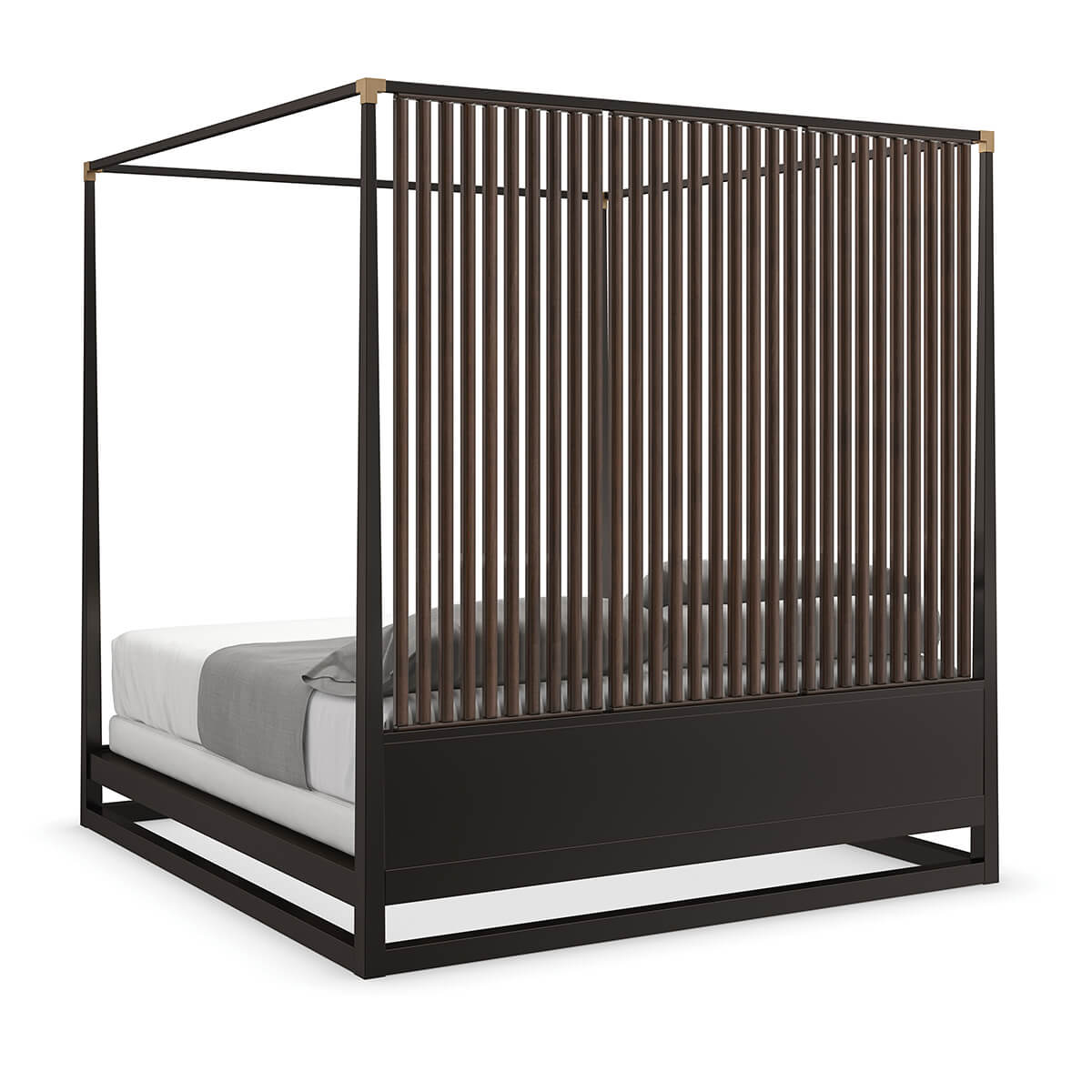 Side angle of canopy bed showing slatted design.