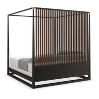 Side angle of canopy bed showing slatted design.