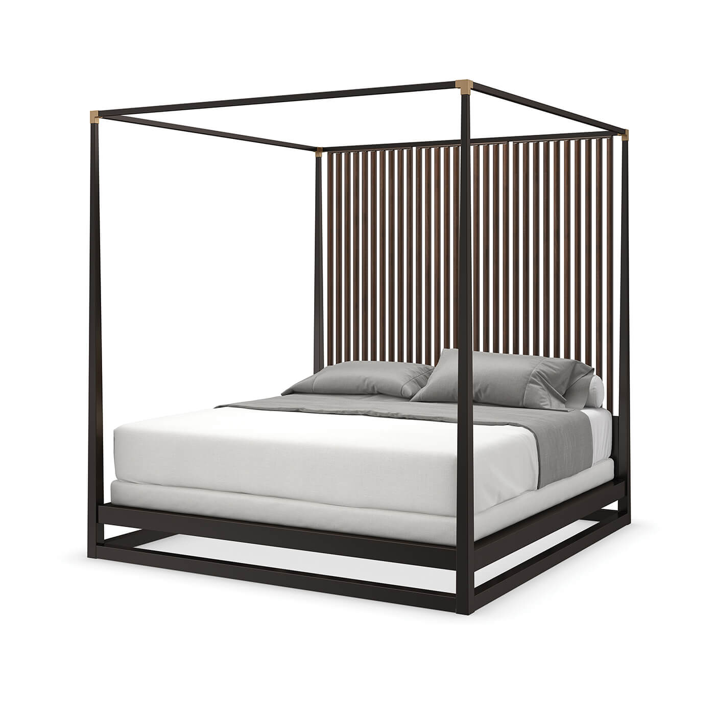 Modern canopy bed, side view, gray bedding.