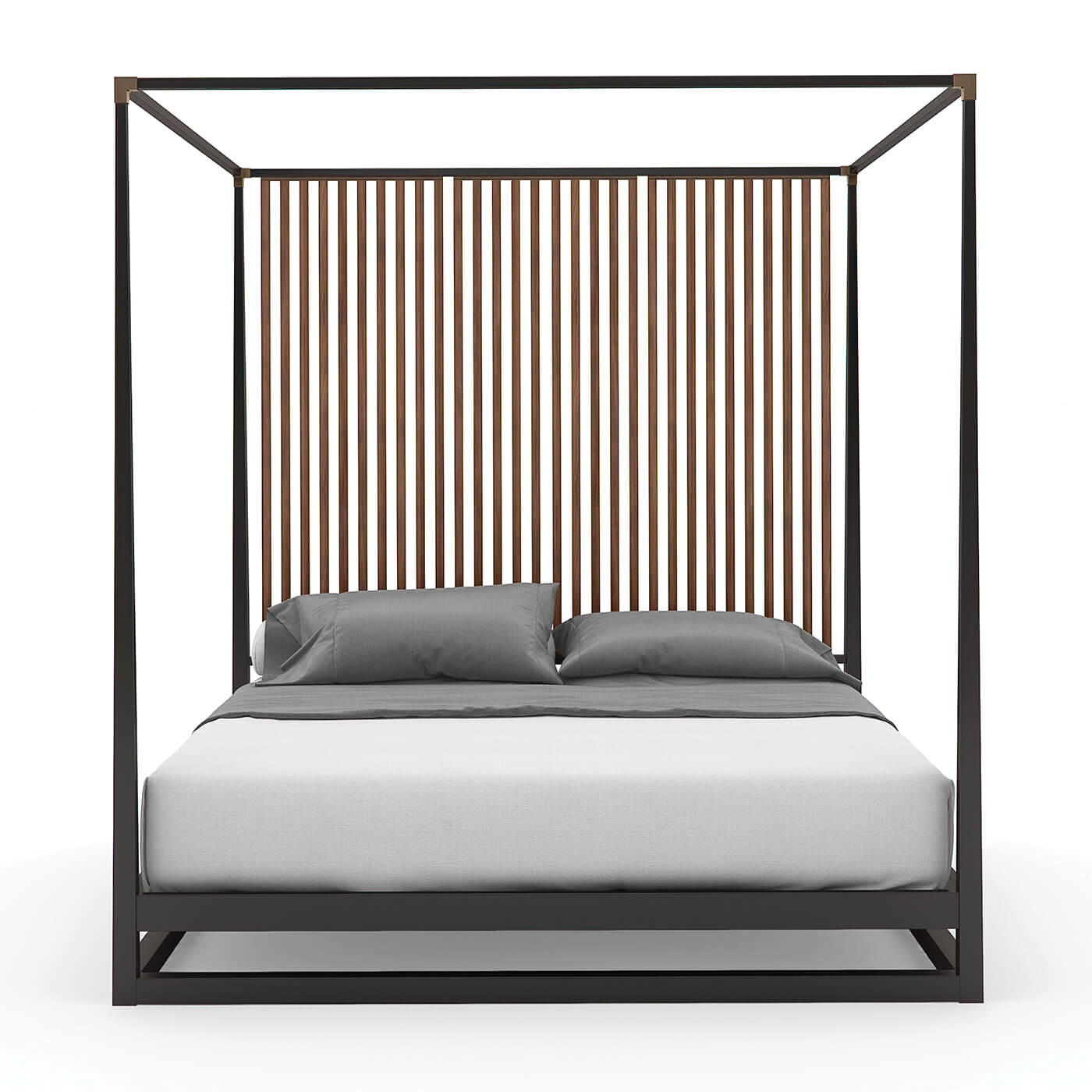 Front view of modern canopy bed with slatted headboard.
