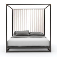 Front view of modern canopy bed with slatted headboard.
