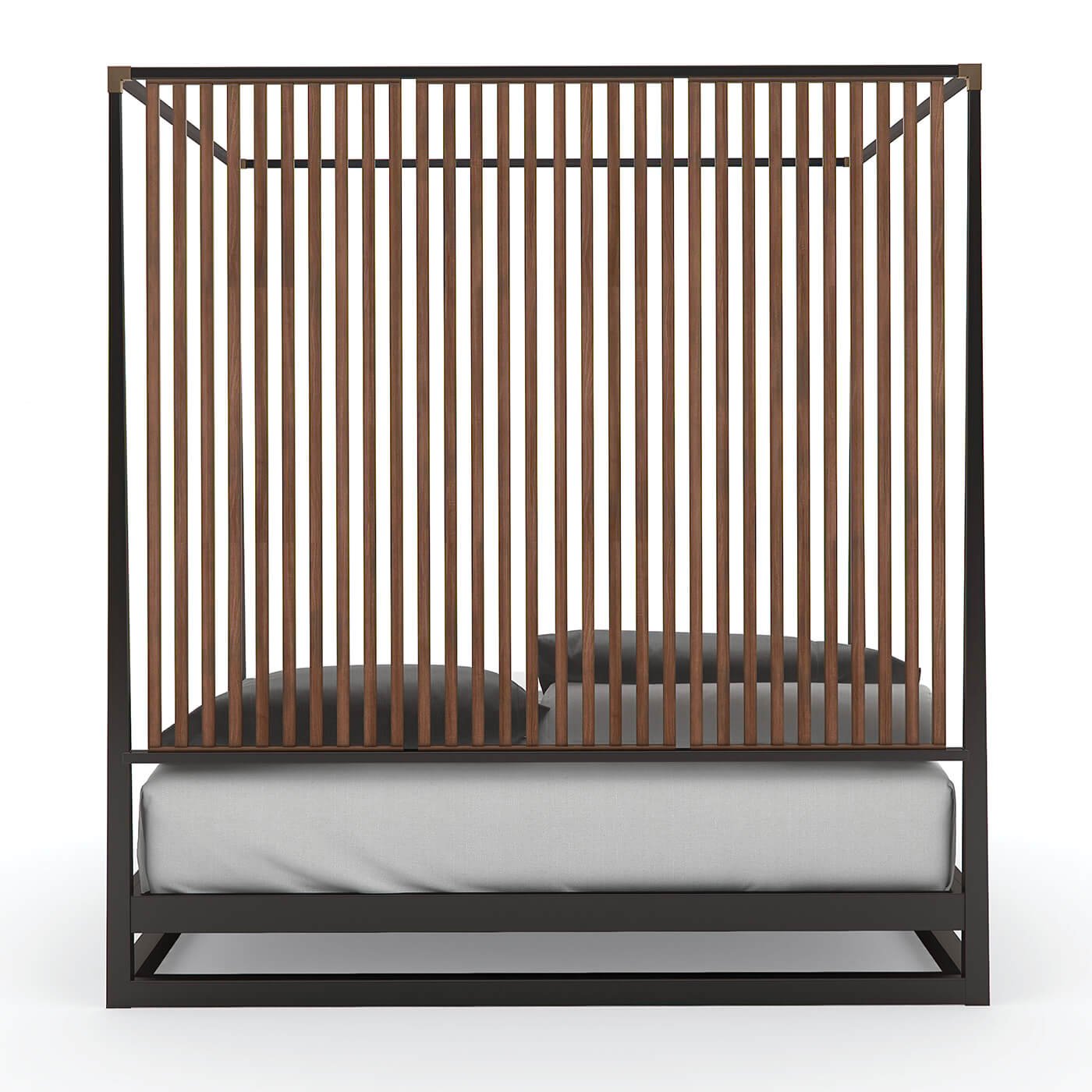 Back view of canopy bed highlighting slatted design.