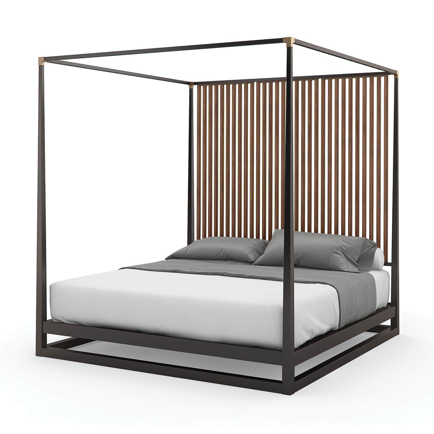 Modern canopy bed, angled view with side slats.