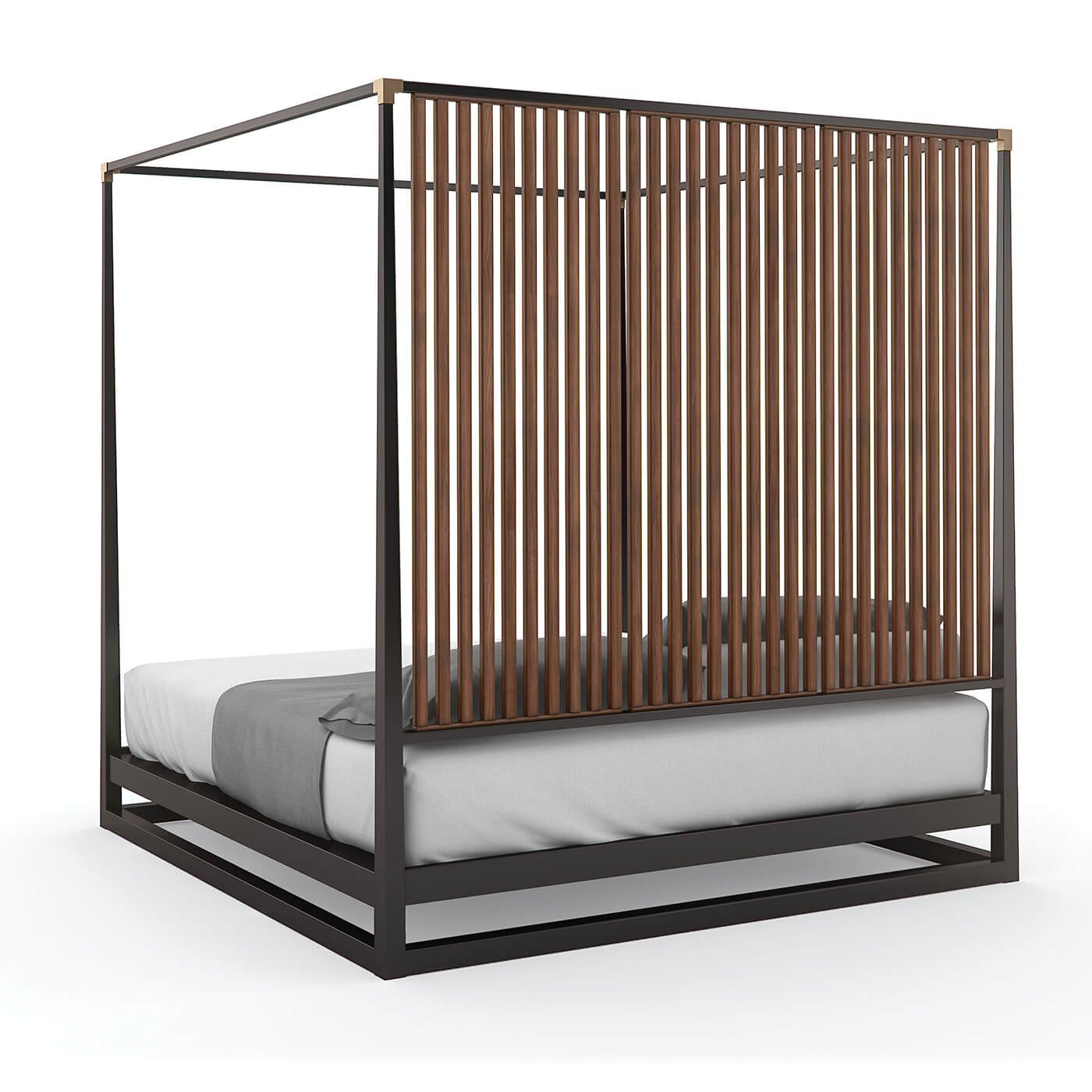 Side angle of canopy bed showcasing vertical slats.