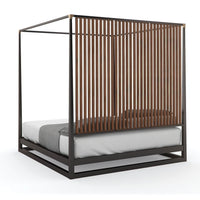 Side angle of canopy bed showcasing vertical slats.
