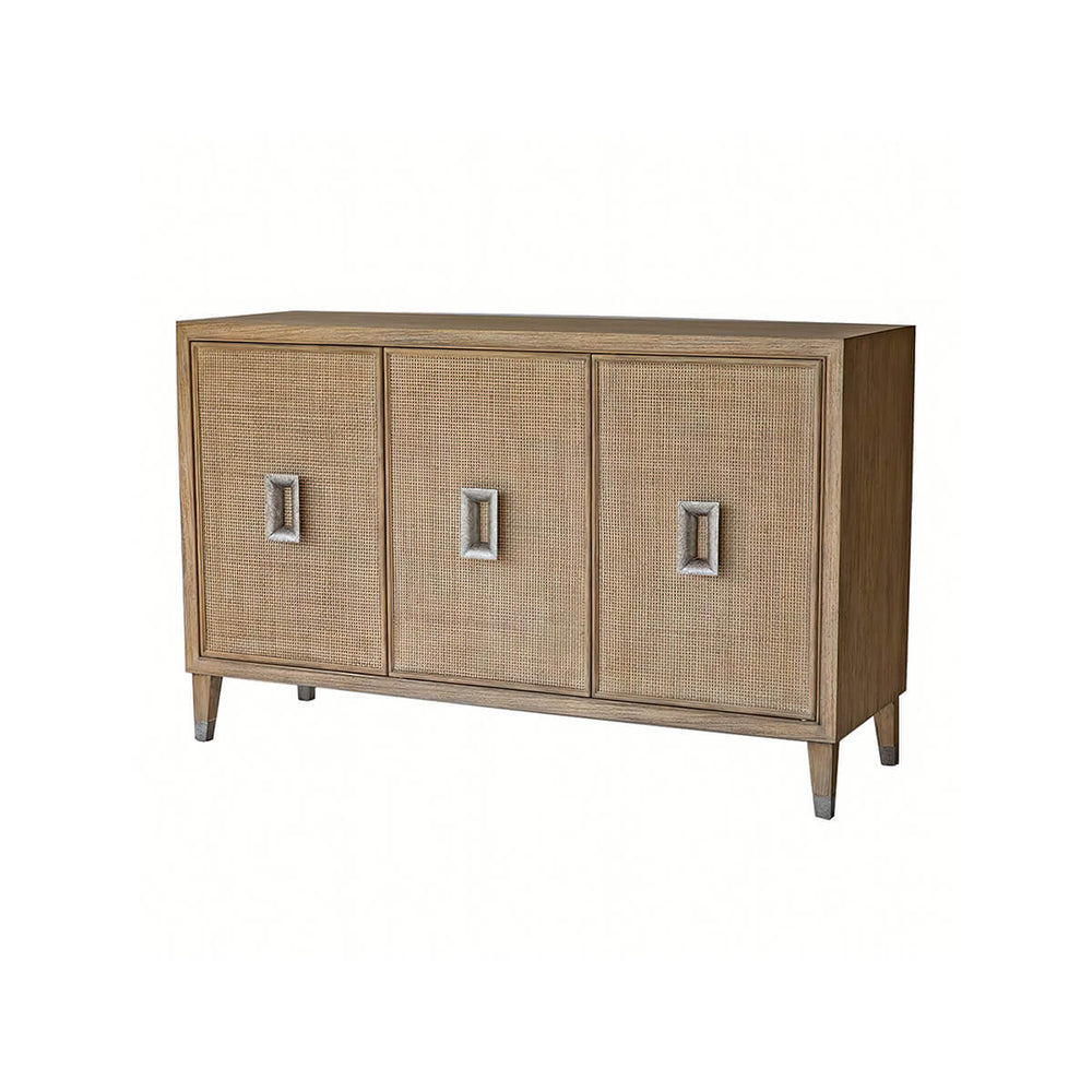 Mid-century modern credenza, front view, closed doors.