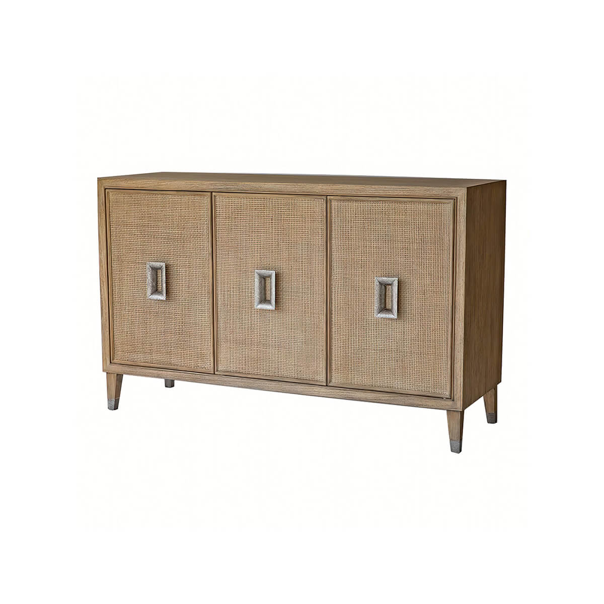 Mid-century modern credenza, front view, closed doors.
