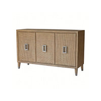Mid-century modern credenza, front view, closed doors.