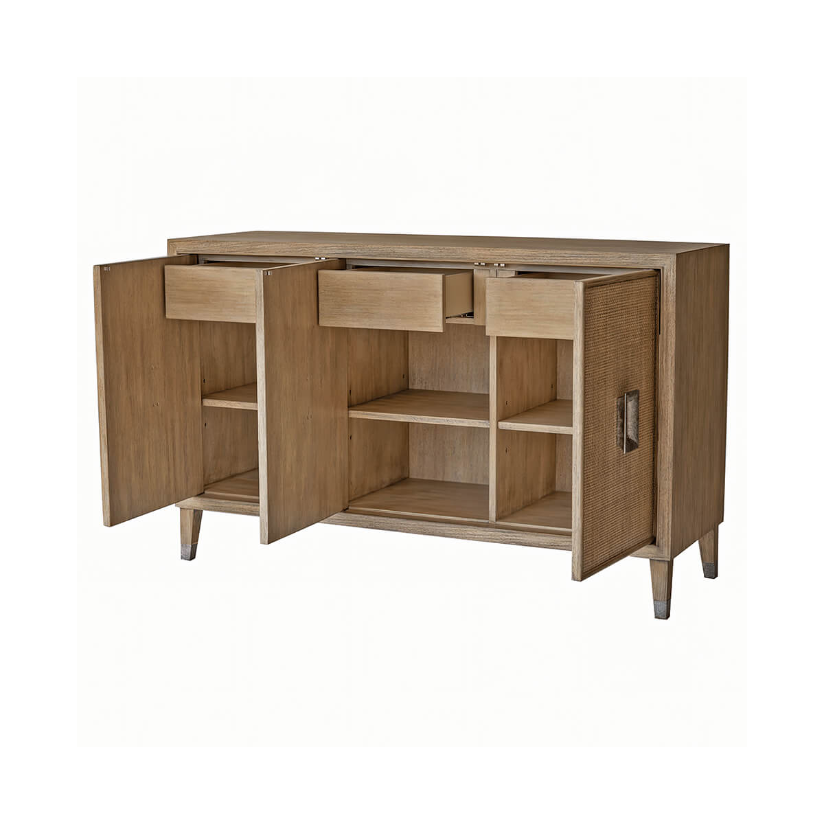 Open mid-century modern credenza showing shelves and drawers.