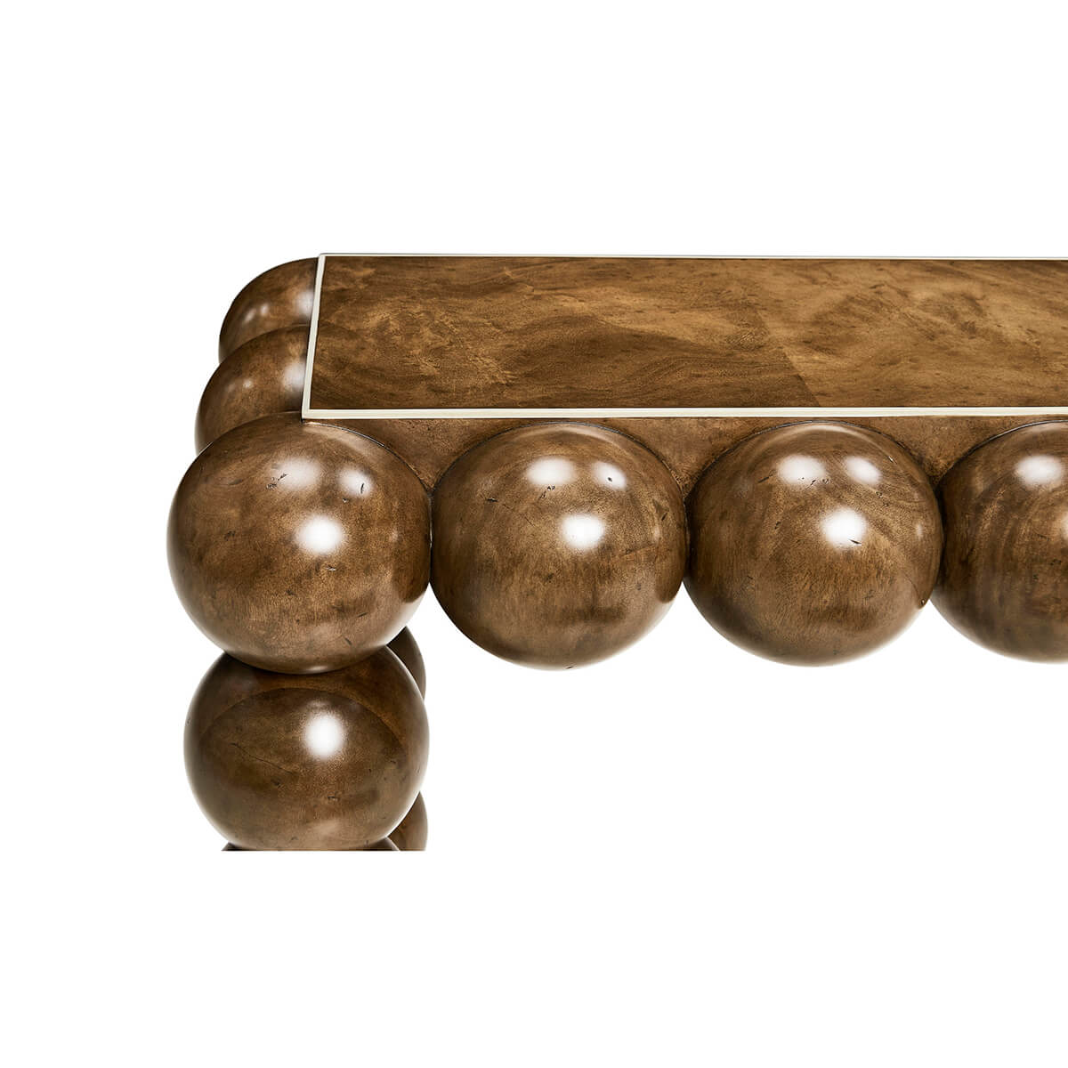 Detailed top edge view of mid-century console table.