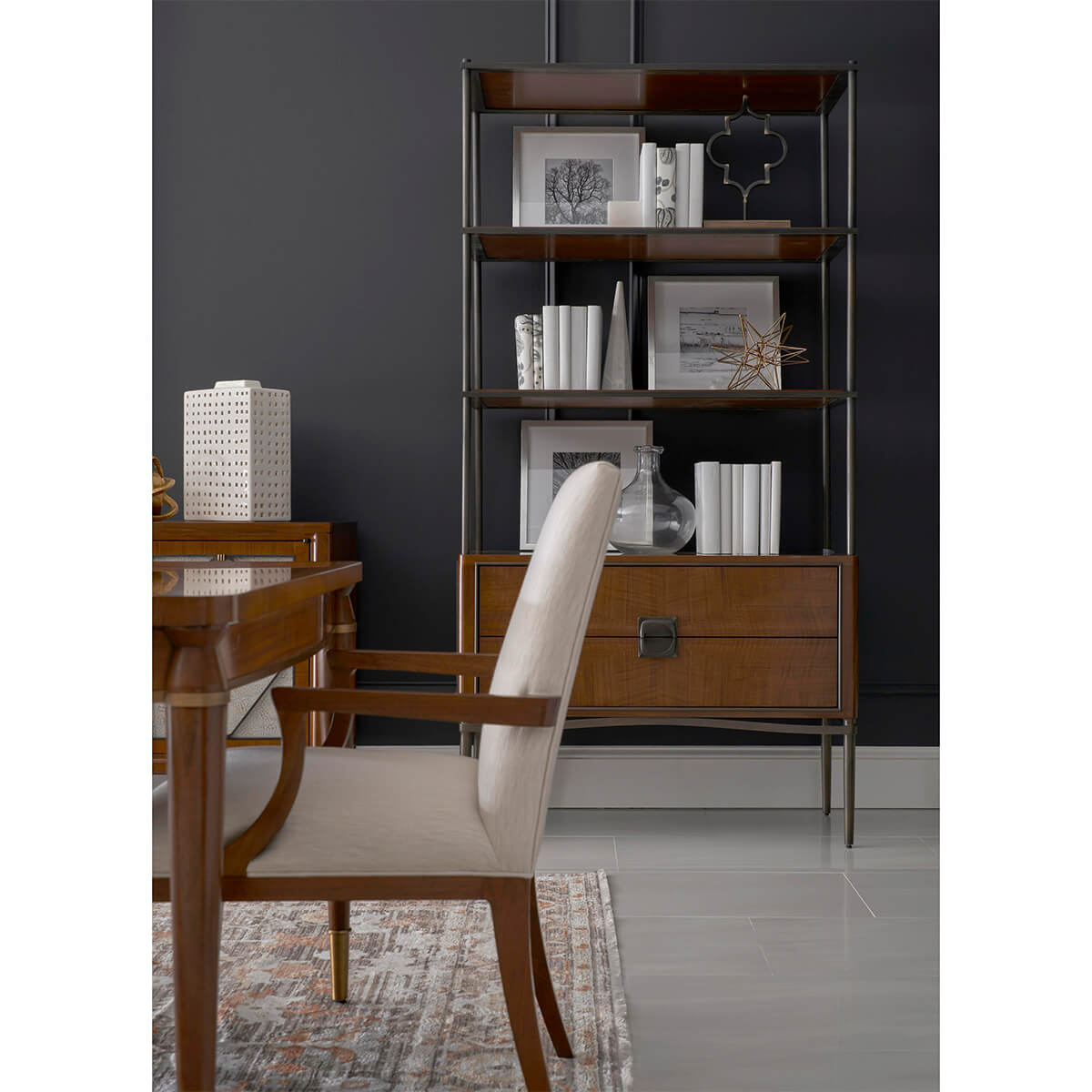 Dining armchair beside wooden shelving unit.