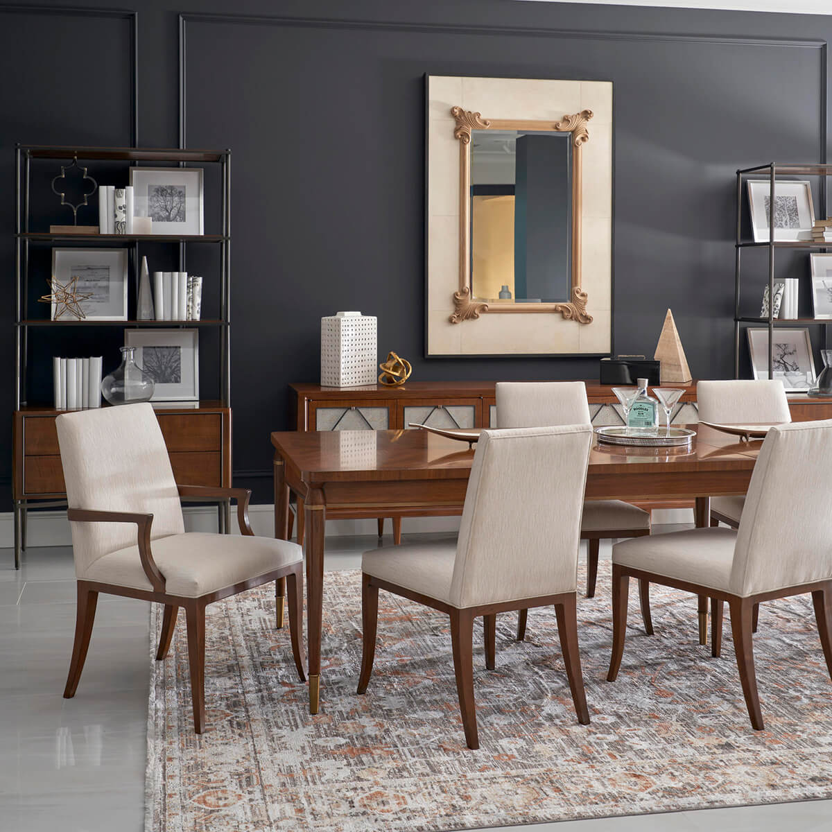 Mid-century modern dining chairs in elegant dining room.