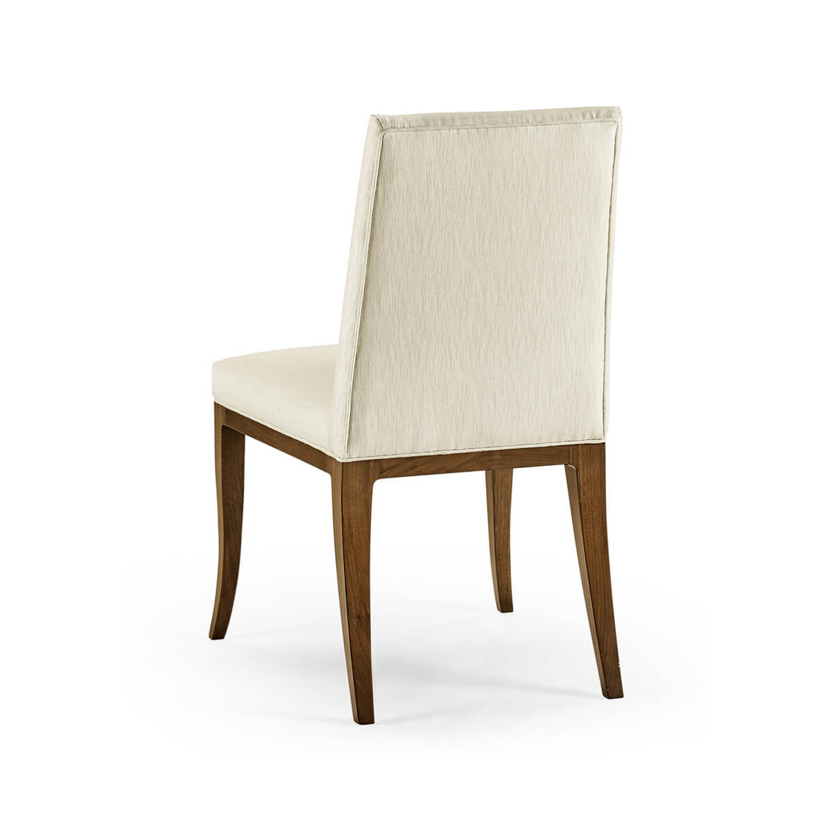 Back view of cream mid-century dining chair with wood legs.
