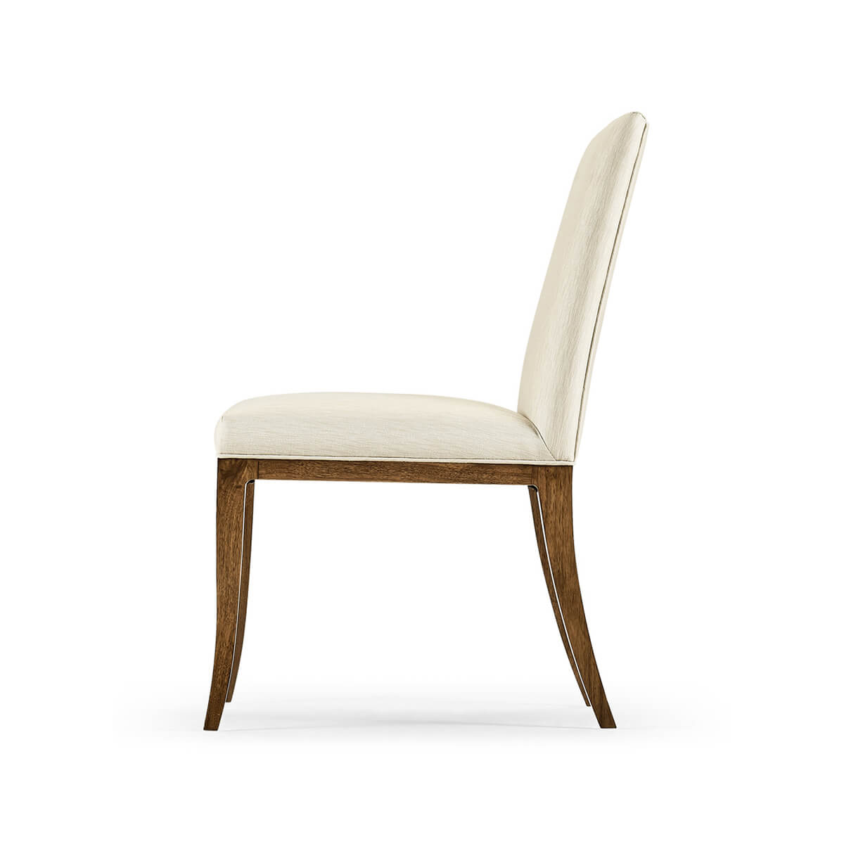 Side profile of mid-century modern dining chair in cream.