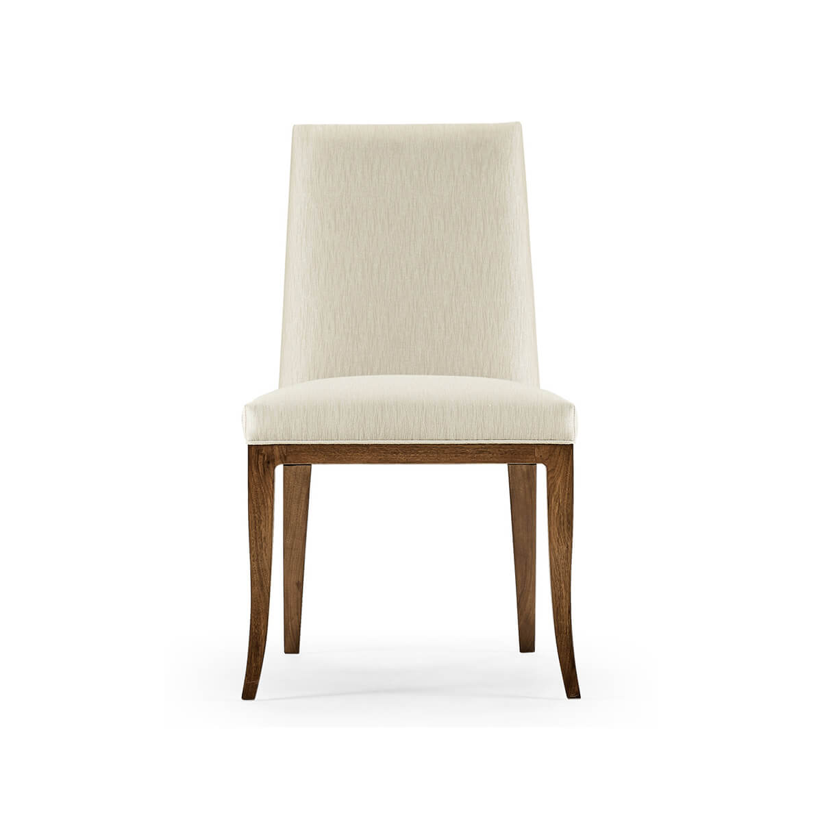 Front view of cream upholstered mid-century dining chair.