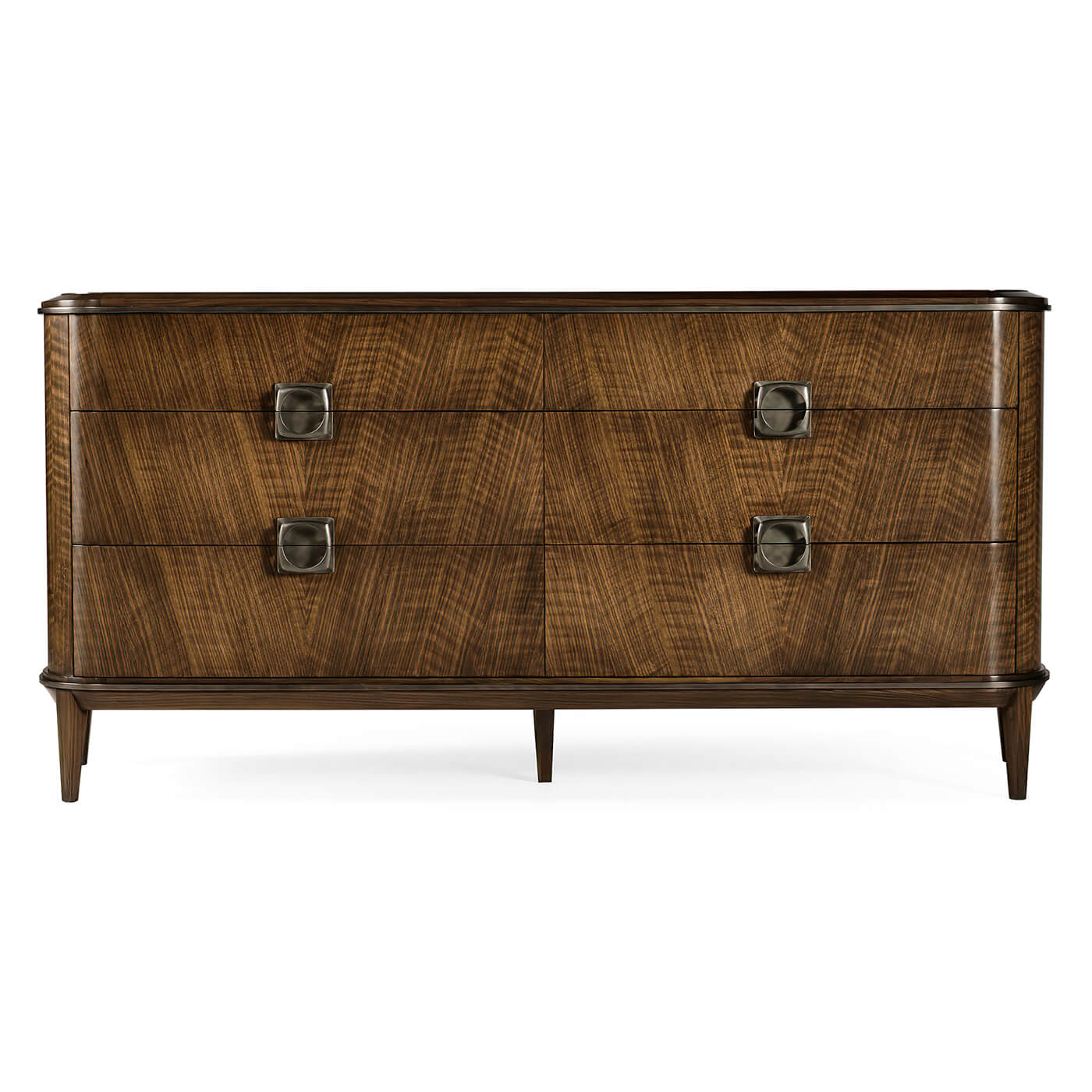 Front view of mid century modern dresser, four drawers visible.