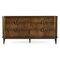 Front view of mid century modern dresser, four drawers visible.