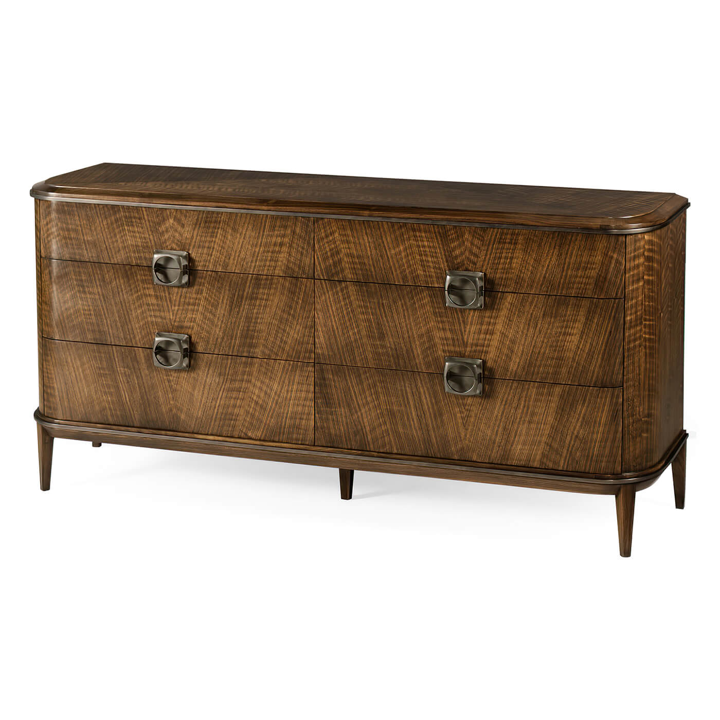 Mid century modern dresser angled view with six drawers.