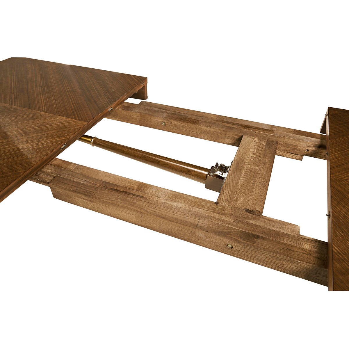 Table extension mechanism, mid-century modern dining table.