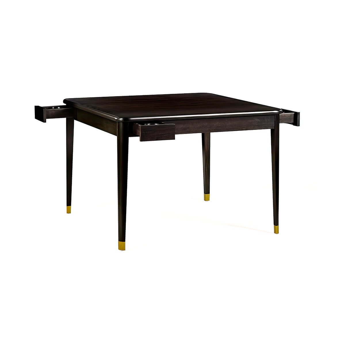 Game table with hidden drawers extended, espresso finish.